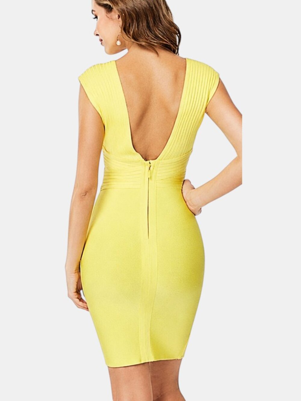 Yellow Wide Shoulder Strap Open Back Bandage Bodycon Deep V Dress | S & L - Picture 2 of 9
